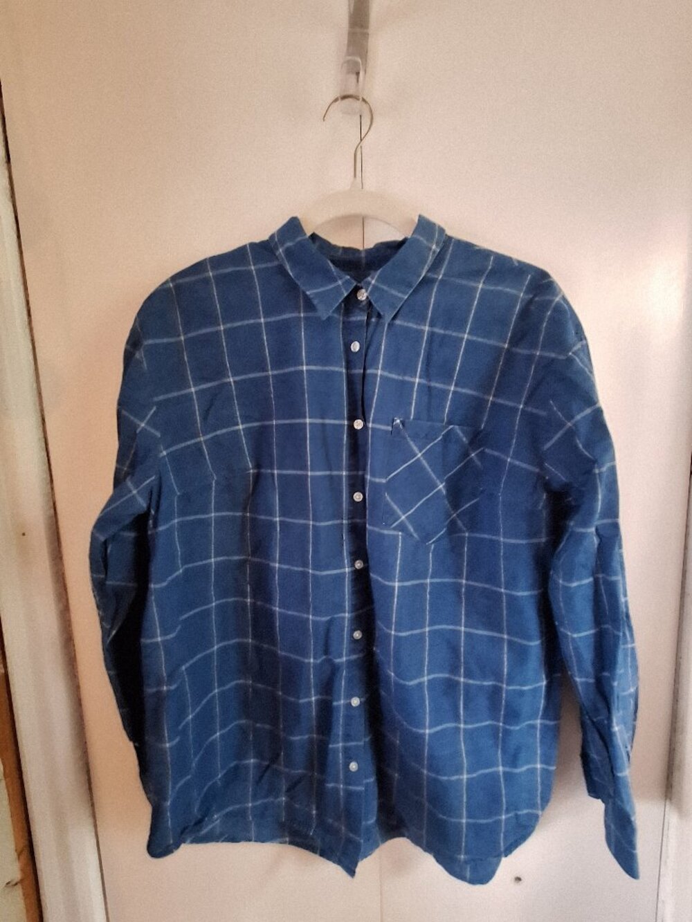 A New Day Women’s XL Blue Windowpane Plaid Button Down Shirt Blouse